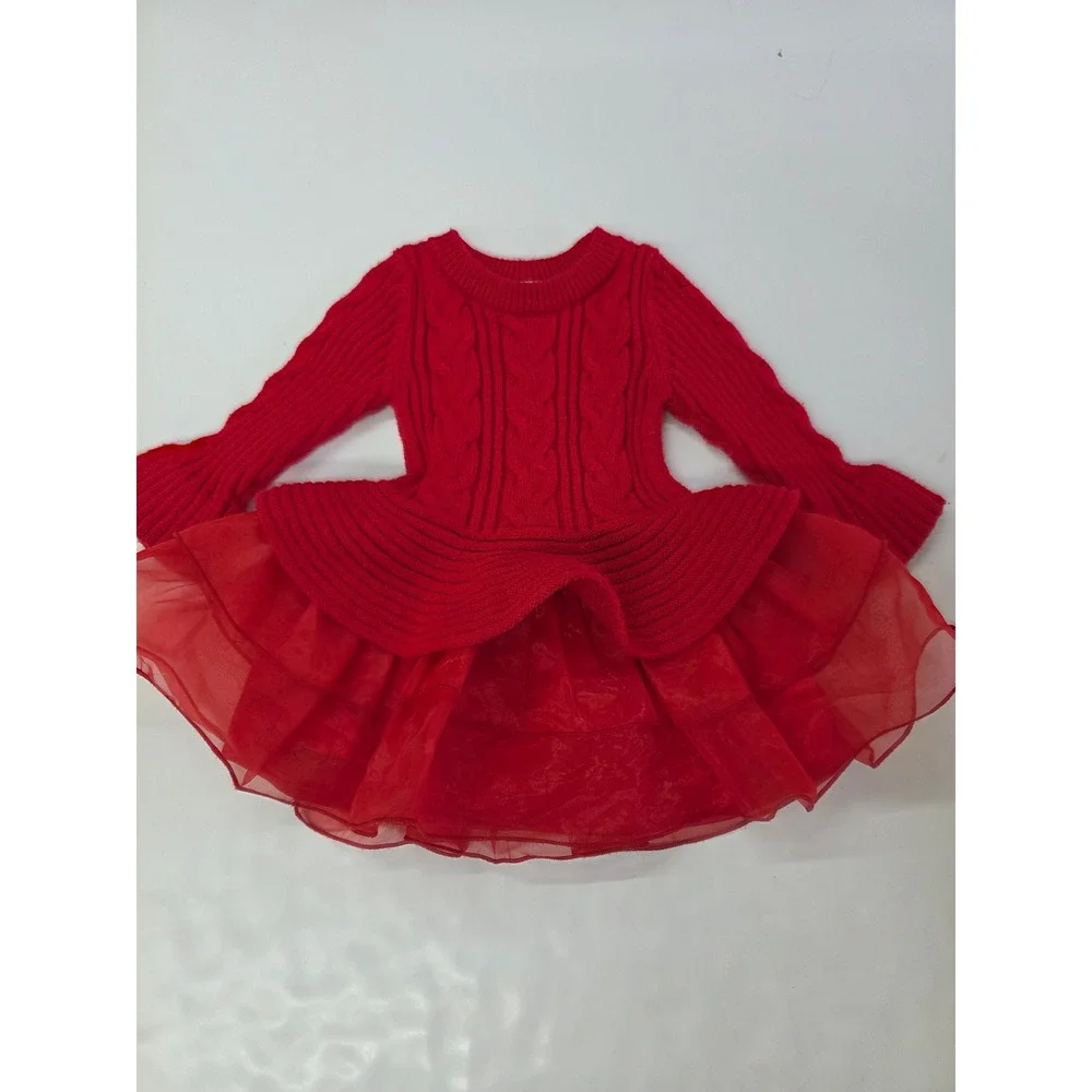 Just Lizzy Baby Girl Red Cable Knit Tulle Sweater Dress 12M Holiday Christmas